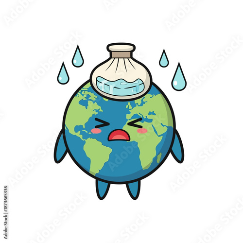 Sick Earth Planet with Ice Pack on Head, Feeling Ill and Sweating