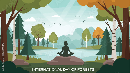 A serene illustration of a person meditating on a rock near a lake surrounded by trees and mountains on a calm day