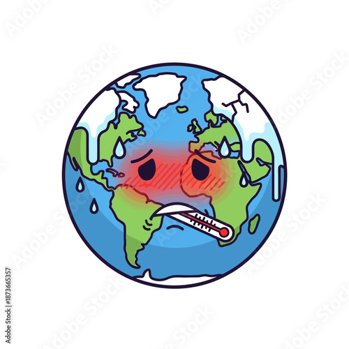 Sick Earth Character with Thermometer, Fever, Global Health Crisis Concept