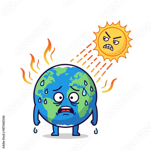 Cartoon Earth Sweating Under Hot Sun, Global Warming Concept
