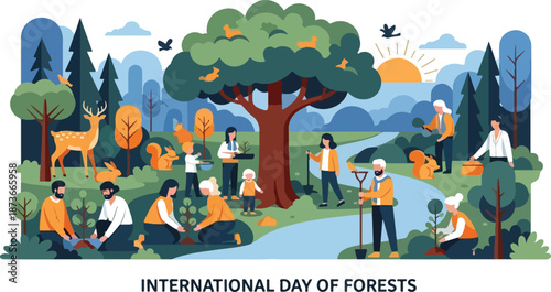People gathering around a large tree in a forest landscape on a sunny day, celebrating International Day of Forests