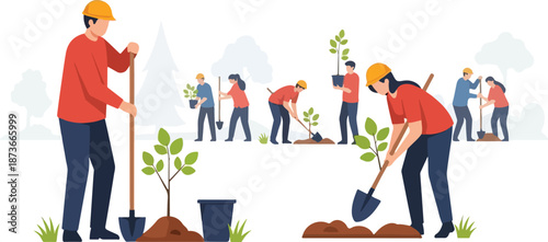 People Planting Trees in a Park with Shovels and Hard Hats on a Sunny Day