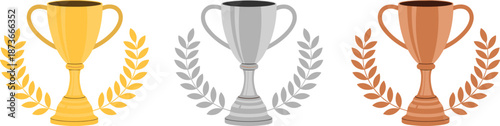 Gold silver and bronze trophy cups with laurel wreaths set isolated on white background for sports competition awards and achievement