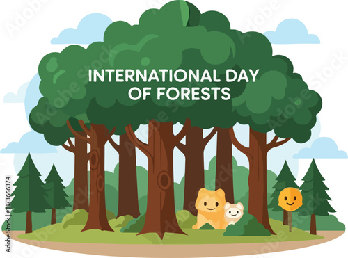 Celebration of International Day of Forests with Cartoon Characters in a Forest