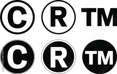 Copyright trademark and registered symbols in black and white on white background Keywords: copyright, trademark, registered