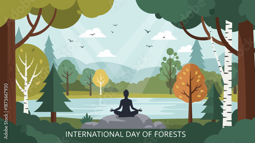 A serene forest landscape with a person meditating by a tranquil lake surrounded by trees and mountains in the background