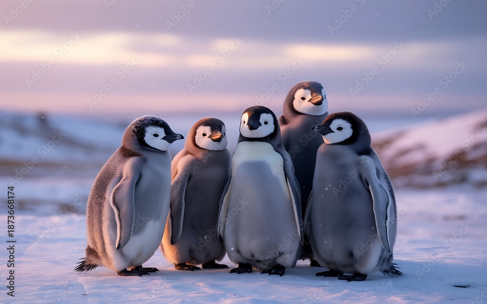 Fototapeta premium Five adorable penguin chicks huddling together in snowy landscape