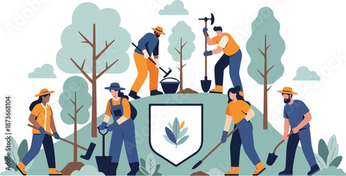 Community members working together to plant trees in a forest, creating a greener environment from a high viewpoint.