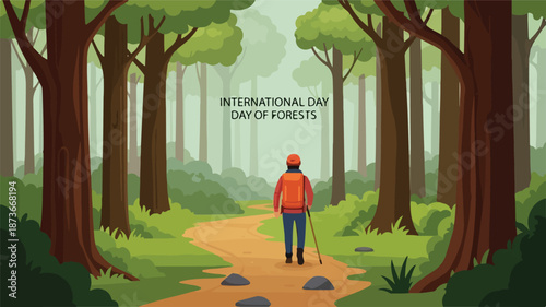 A person standing on a forest path surrounded by tall trees and greenery on International Day of Forests