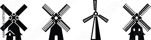 Set of black windmill and wind turbine icons representing renewable energy, traditional agriculture, and sustainable electric power generation.
