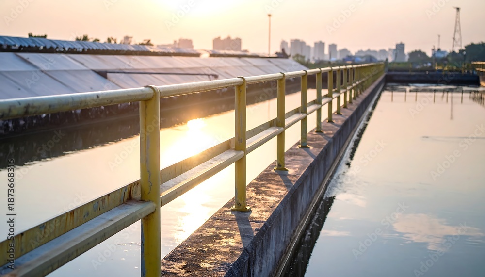 Obraz premium The sun sets over a serene industrial waterway with solar panels and a cityscape in the background, reflecting on the calm water surface from a side viewpoint.