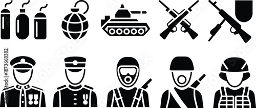 Military Icon Set Featuring Army Soldiers Officers Tank Grenade Weapons Smoke Bombs Tactical Gear And Warfare Equipment Vector Symbols For Security
