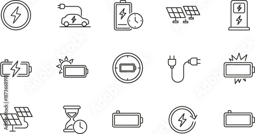 Set of linear renewable energy icons featuring solar panels electric cars battery charging symbols and 
