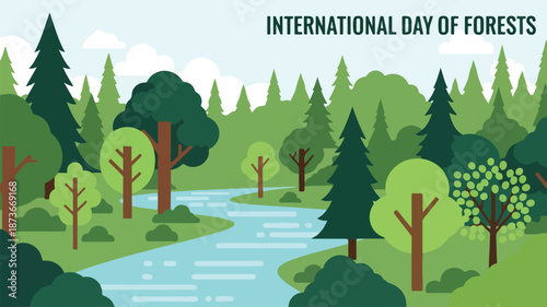A serene forest landscape with a winding river and diverse tree species, celebrating the International Day of Forests from a panoramic viewpoint.