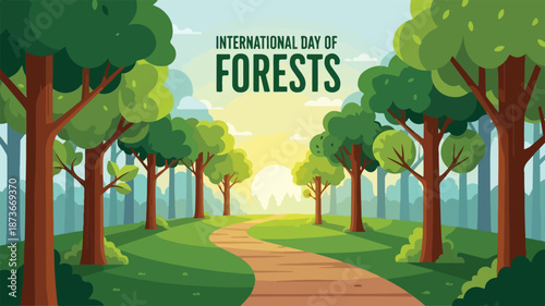 A serene forest landscape with a winding path leading through trees on International Day of Forests