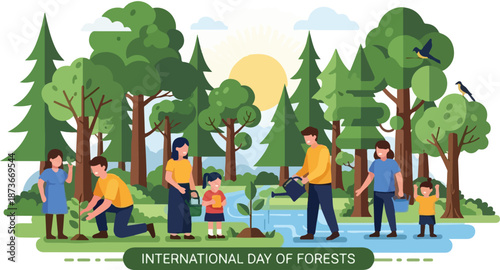 People enjoying a serene forest environment on a sunny day, planting trees and relaxing together in nature.