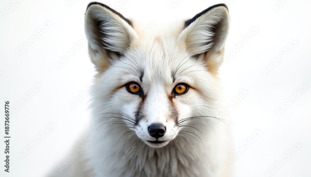 Fototapeta premium Close-up photo of a white fox with striking orange eyes on white background. Mammal isolated in studio. Portrait shows animal face, fur. Wildlife concept art.