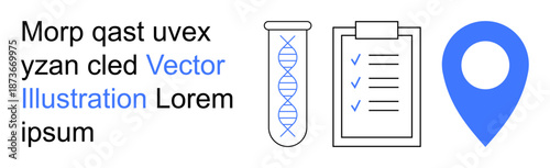 Science, research, navigation, documentation, location tracking, data organization. Lab test tube with DNA symbol, checklist and a blue location pin. Science and research visual