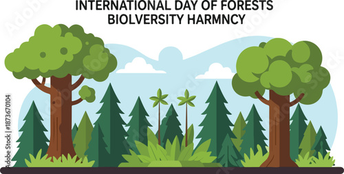 Celebrating International Day of Forests with biodiversity harmony in a serene forest landscape viewed from a distance