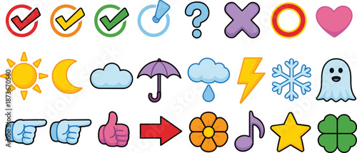 Set of colorful cartoon icons, check marks, weather symbols, hand gestures, shapes, stickers, vector illustration, ok checked good text, isolated white background