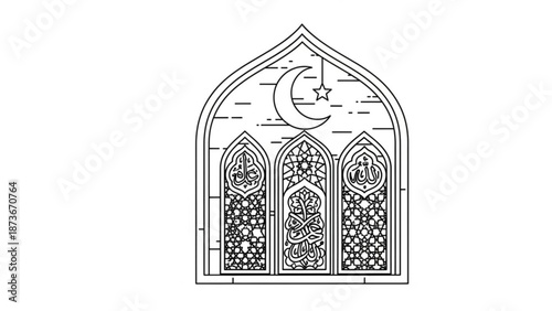 Islamic window design with crescent moon and star arabic calligraphy and geometric patterns