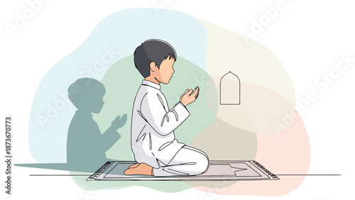 Young boy in traditional attire kneeling praying on mat with arched symbol and shadow illustrating devotion and faith