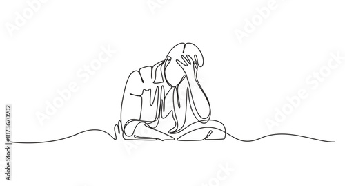 Man in Despair Continuous Line Art Illustration,Continuous Line Drawing of a Person Covering Face in Distress,Continuous Line Drawing of a Person Experiencing Stress or Despair
