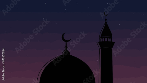 Islamic mosque silhouette against a twilight sky with stars and crescent moon symbol on dome and minaret
