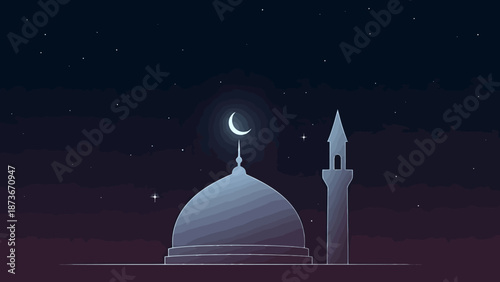 Mosque Minaret Dome Silhouette Against Night Sky Crescent Moon Stars Ramadan Eid Celebration Religious Worship Spiritual Evening Atmosphere