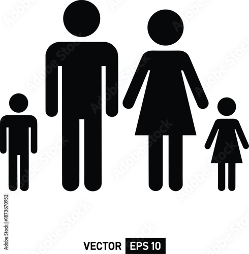 Family icon silhouette with parents and children, simple human pictogram, minimal design for unity, love, parenting, protection, and togetherness vector