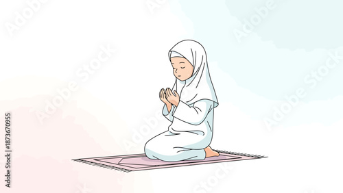 Young Muslim Child Wearing White Hijab Praying on Sacred Mat Indoors Worship Spiritual Devotion Reverence Peaceful Moment Devout Faith Inner Peace
