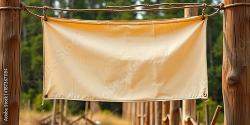 Faded, textured, blank banner hanging from rustic wooden poles,   image,  white