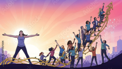 A diverse group of people climbing a winding staircase with an arrow pointing upwards