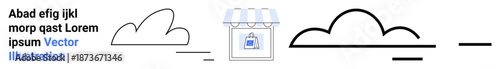 Cloud computing, e-commerce, digital storage, hosting services, online connectivity, modern technology. Minimalist linework showing clouds and a storefront. Cloud computing and e-commerce concept