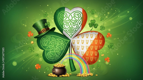 St patricks day shamrock heart with rainbow and pot of gold coins illustration