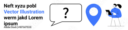 Customer service, navigation, communication, question solving, technology, online help. Chat bubble with question mark, location pin person with a tablet. Customer service and navigation concepts