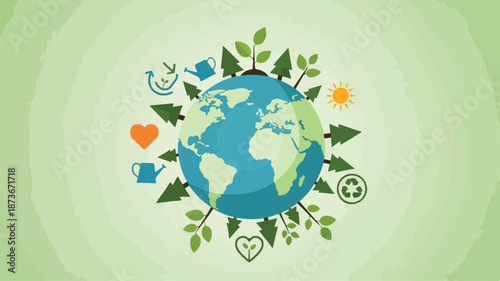 A vibrant illustration of the Earth surrounded by leaves and symbols representing sustainability from a top-down viewpoint