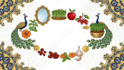 Vibrant nowruz celebration elements with peacocks fruits mirror and decorative grass in gold