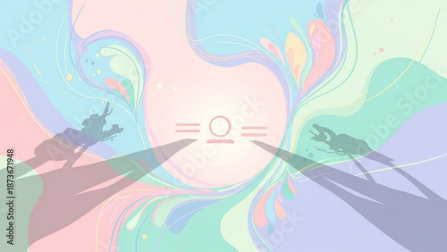 Vibrant abstract illustration of two skateboarders performing tricks against a swirling