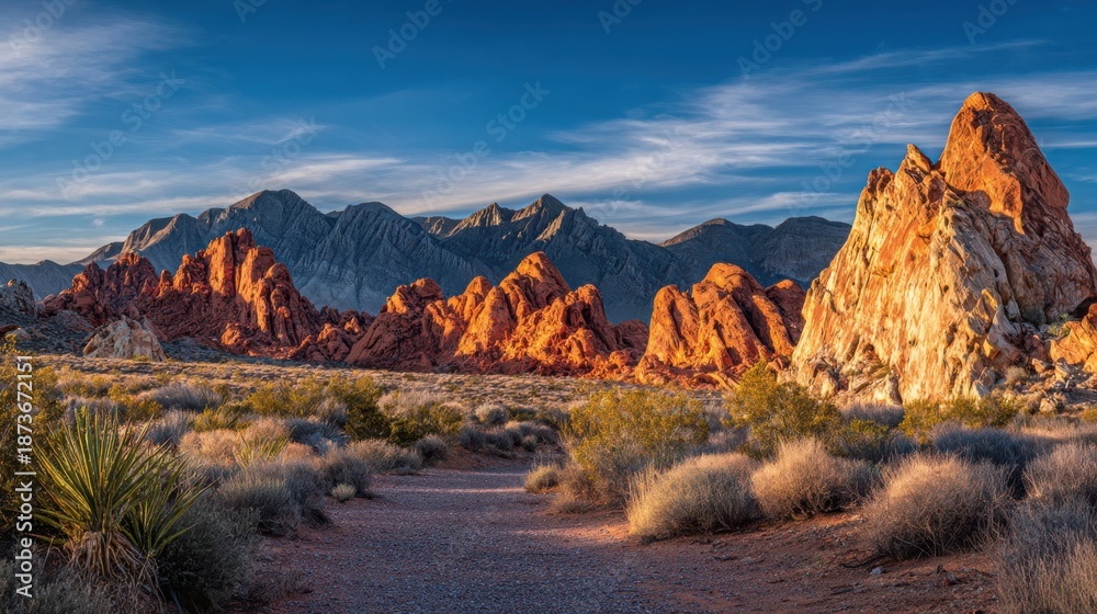 Naklejka premium Dramatic red rock formations in a remote desert canyon at sunset showcasing natural beauty