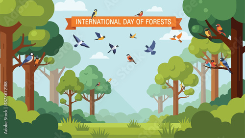 Celebrating International Day of Forests with vibrant wildlife and lush greenery in a serene forest landscape