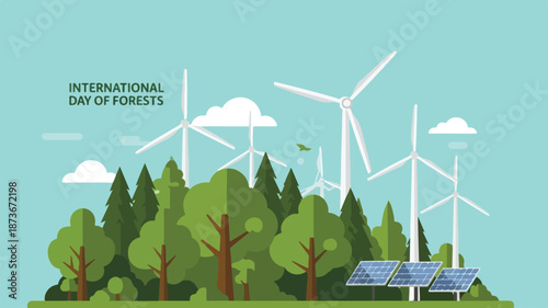 Renewable energy sources amidst lush forest landscape on International Day of Forests