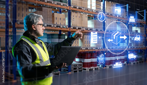 Photos Warehouse logistics optimization manages inventory flow as a specialist uses digital tools to track packages, coordinate storage, and control distribution processes