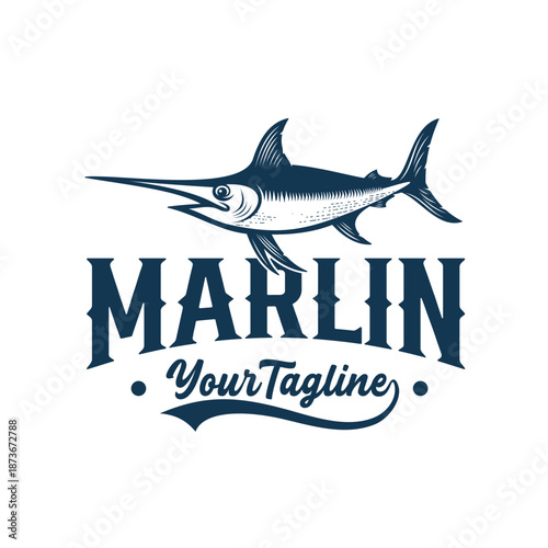 Marlin Fish Logo Engraved Nautical Vector Illustration
