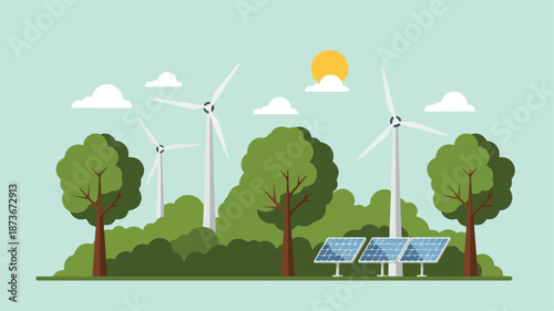 Renewable energy sources including wind turbines and solar panels in a serene landscape viewed from a distance.