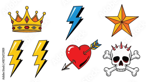 Collection of American Traditional Tattoo Style Icons: Crown, Lightning, Star, Heart, Skull, Bones