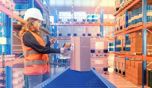 Fotografía Warehouse logistics, inventory worker scans a package on a conveyor belt to track stock and manage order fulfillment inside a modern distribution center