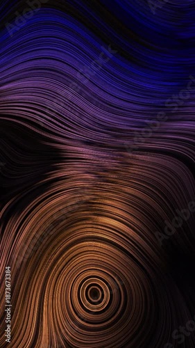 Vertical background with blue and copper wavy lines. Smooth topographic motion for luxury social media content and mobile wallpapers.