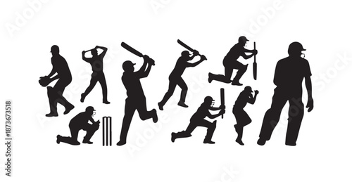 Cricket Players Action Silhouette Vector Set. Professional Batsman, Bowler, Wicket Keeper and Fielding Poses Illustration.