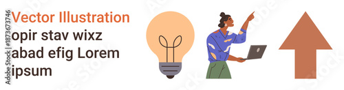 Business planning, innovation, career development, brainstorming, leadership, professional growth. Light bulb, woman with laptop and upward arrow. Business planning and innovation